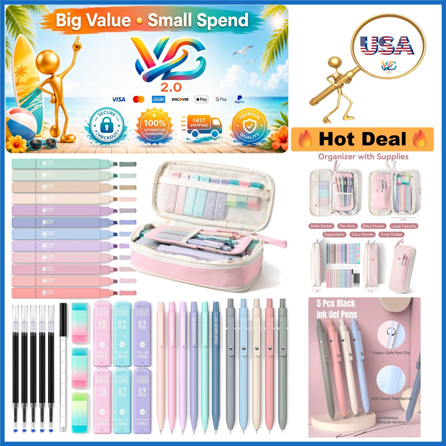 39PCS Stationery Set Pastel Highlighters Gel Pens Erasers Organizer Pink