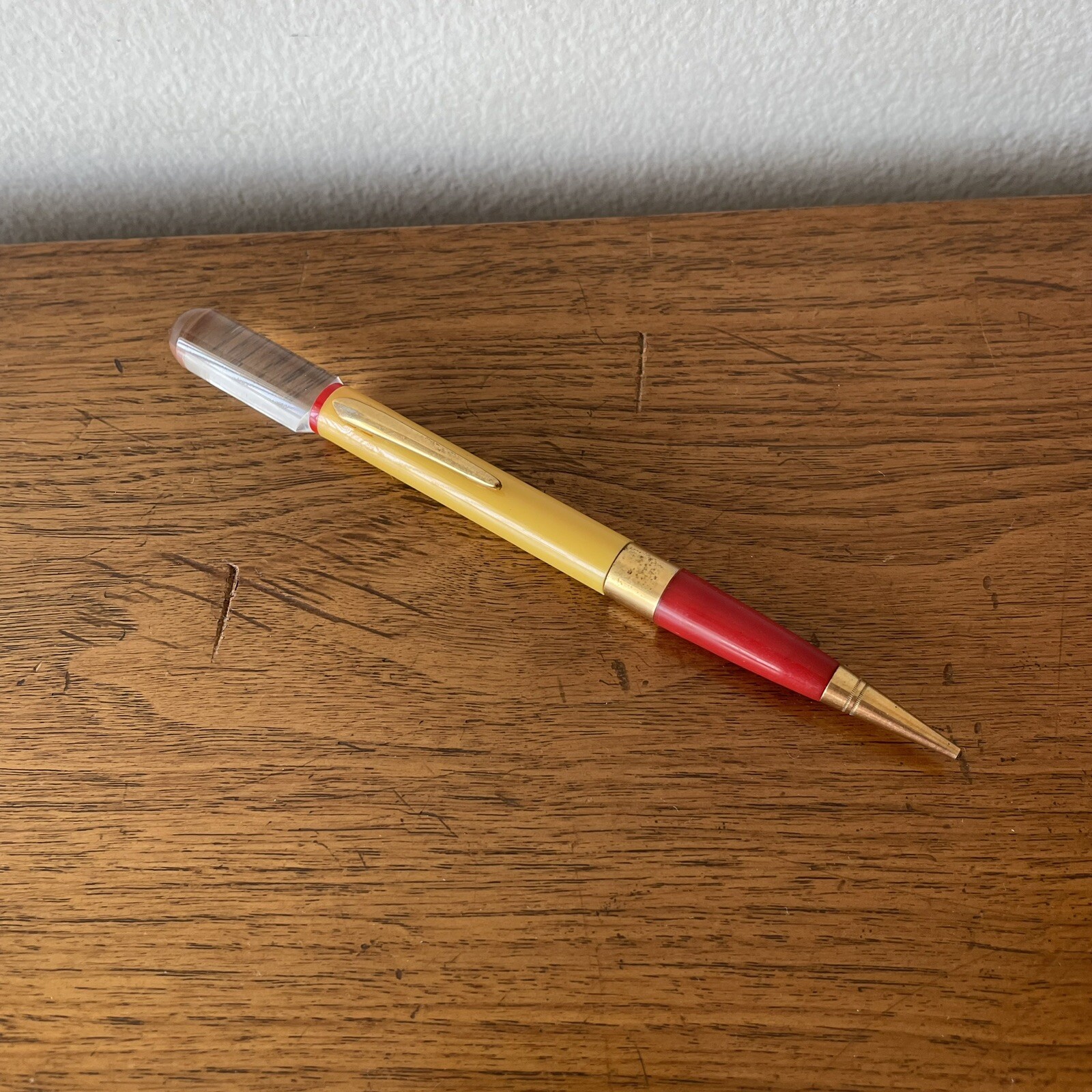 Vintage Mechanical Pencil Yellow & Red Plastic, Clear Lucite, Eraser, 6-1/4″ MCM