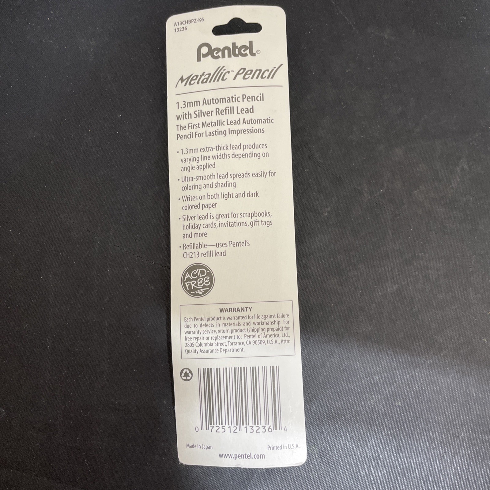 Pentel Milky Metallic Pencil, Color Silver Metallic 1.3 mm lead, w/Extra Refills