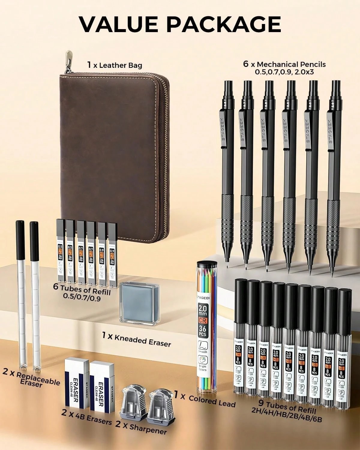New ProArt Drafting Set 0.5 0.7 0.9 2.0mm Leads Leather Case Professional Art