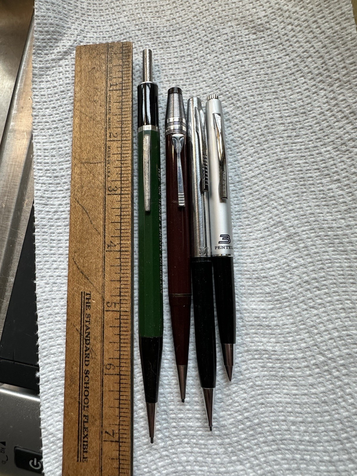 4 Vintage Mechanical Pencils Autopoint Magnet 48M, Scripto, Pentel & Durolite