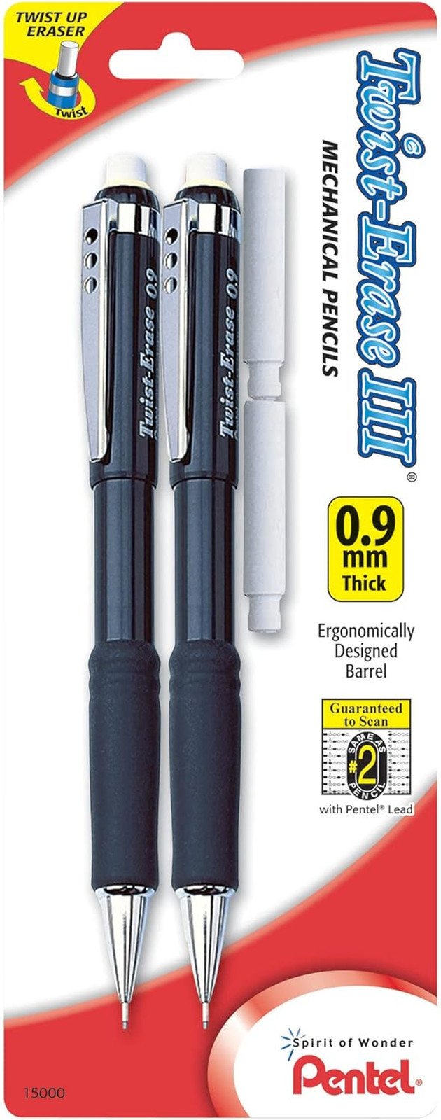 Pentel Twist-Erase III Mechanical Pencil, (0.9Mm), Assorted Barrel Colors with 2
