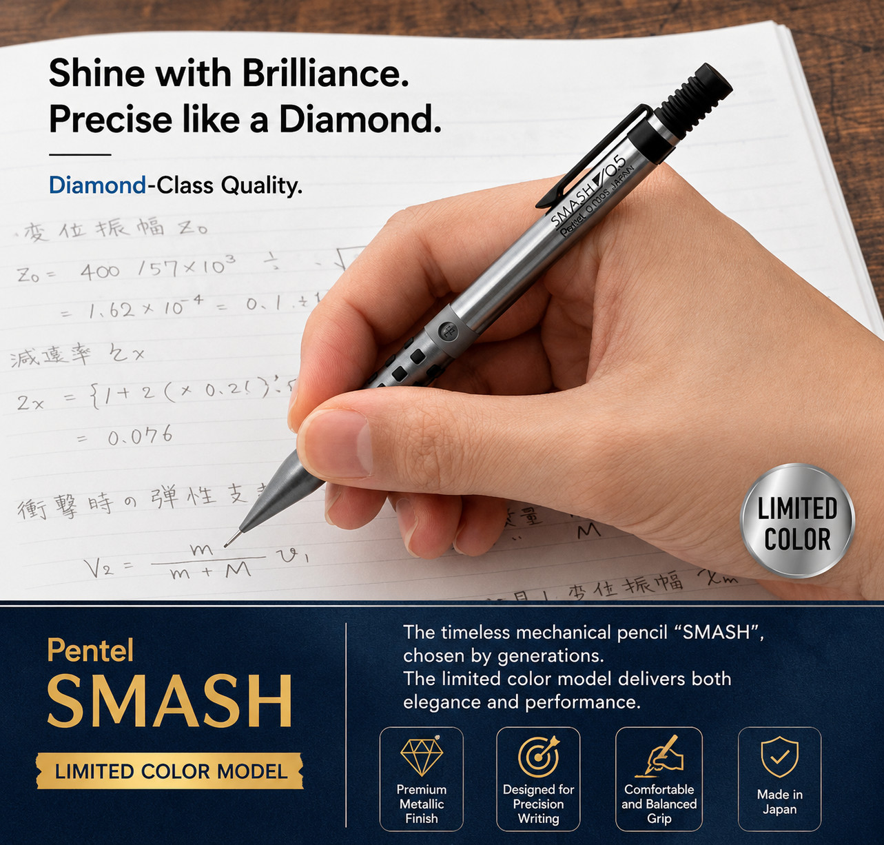 Pentel Smash Limited 0.5mm Mechanical Pencil Diamond Metallic Q1005-LDM2 New