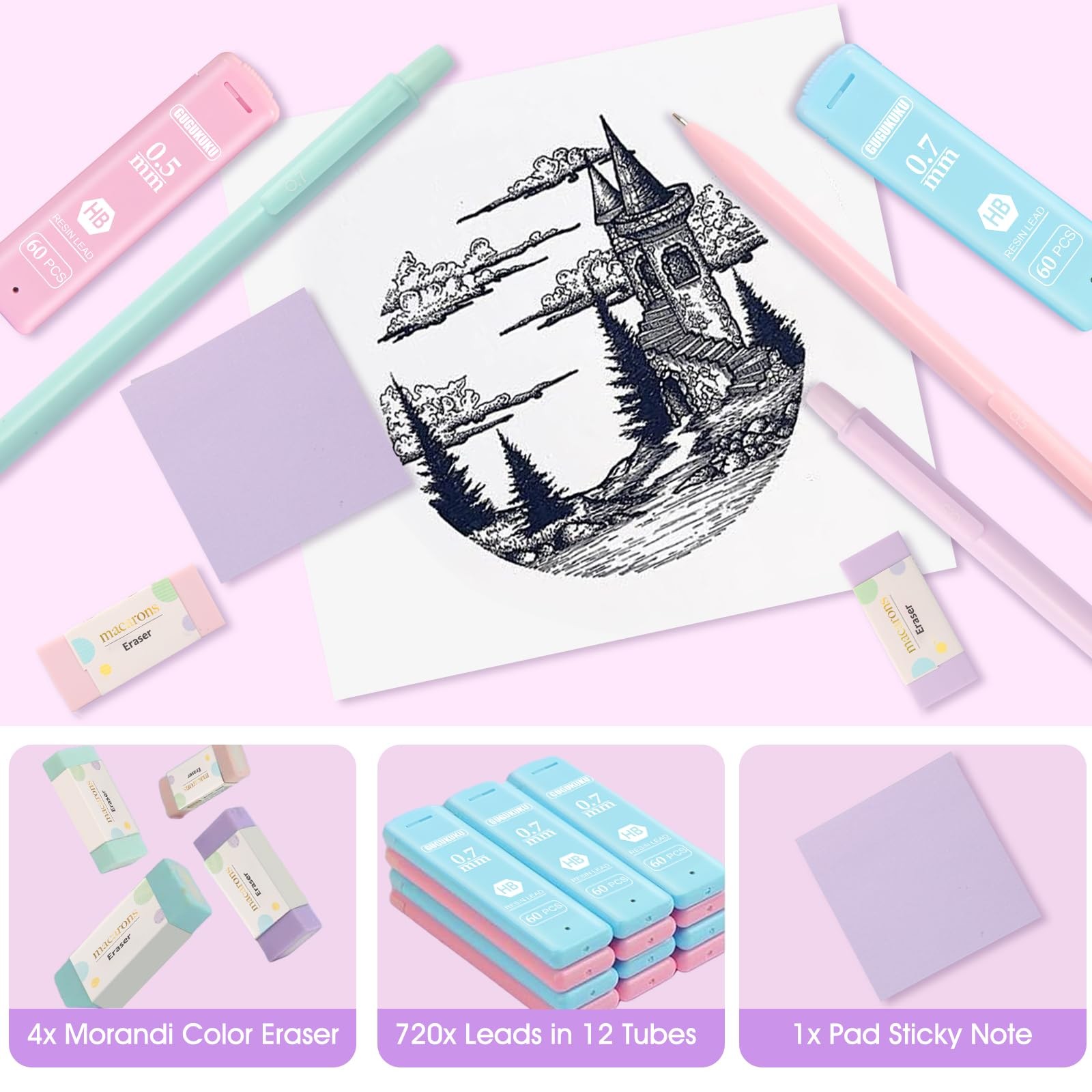 Aesthetic Supplies with Cute Pencil Case, 12x Pastel Mechanical Pencils 0.5 &…