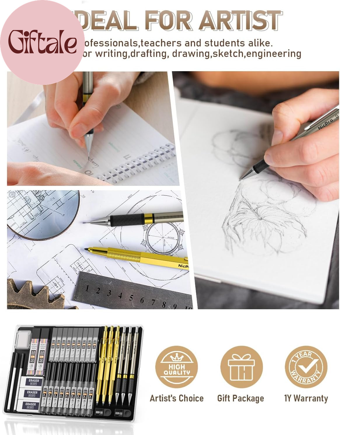 37PCS Gold Art Mechanical Pencil Set, 4PCS Metal Drafting Pencil 0.3/0.5/0.7/0.9