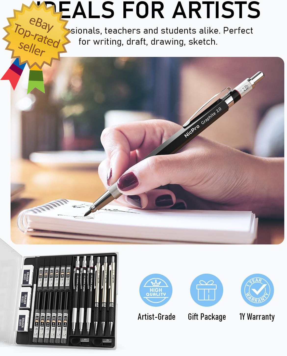 6PCS Art Mechanical Pencil Set, 3PCS Metal Drafting Pencil 0.5 Mm & 0.7 Mm & 0.9