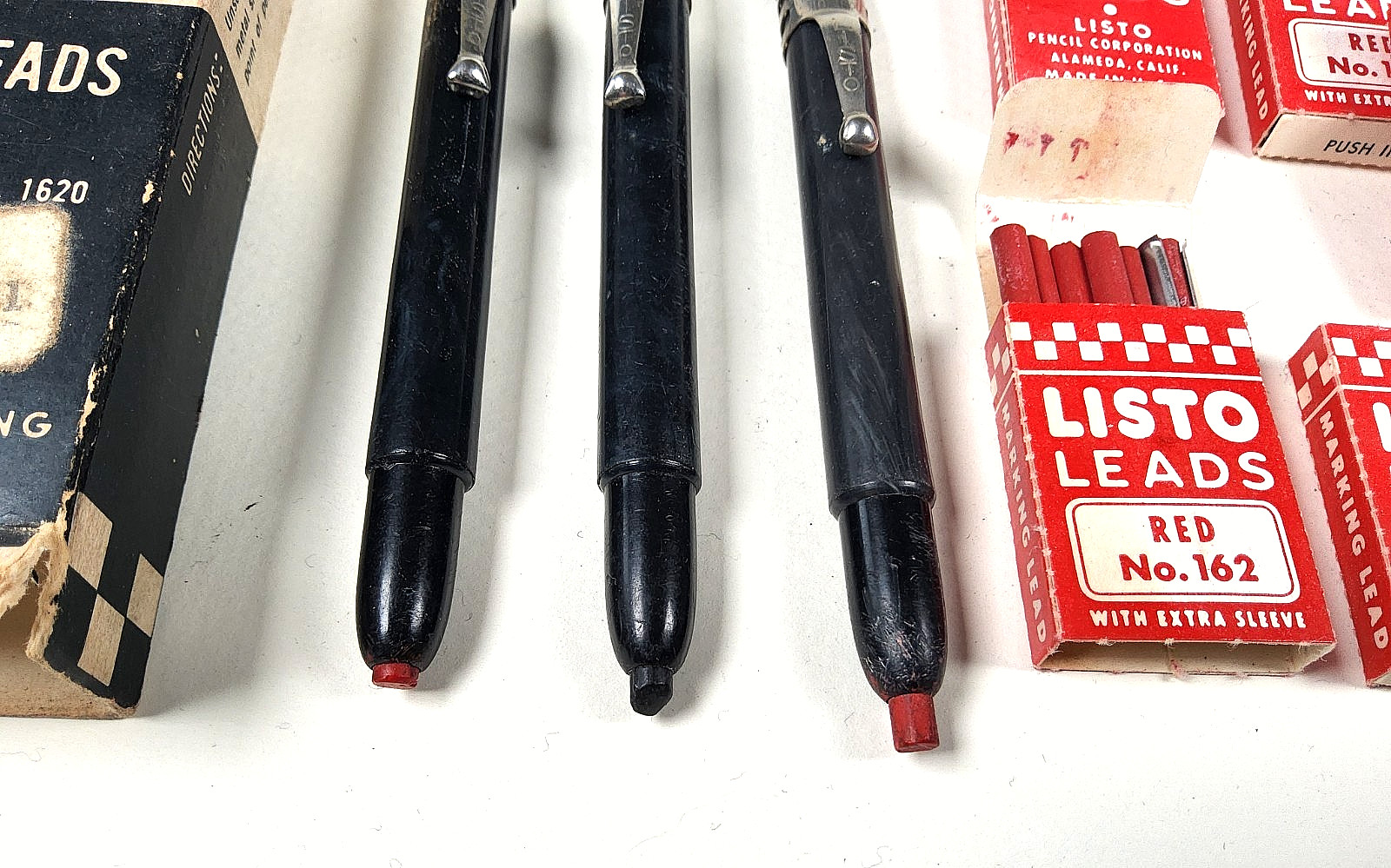 3 Vintage Listo Marking Pens 1626 + 7 Boxes Red 162 Leads w Original Box