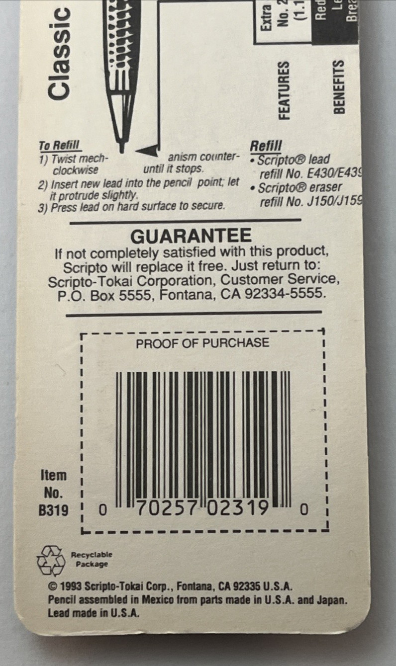 1993 Scripto Pencil Classic Combo Long Lead Pack B319 02319 New NOS Clear