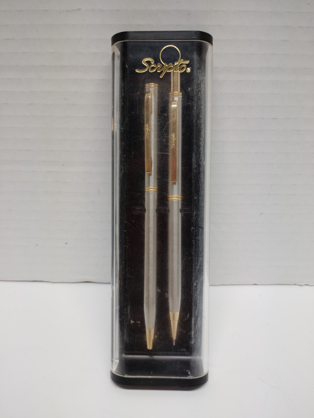 Vintage Scripto Mechanical Pencil and Pen Gun Metal and Gold Set With Case