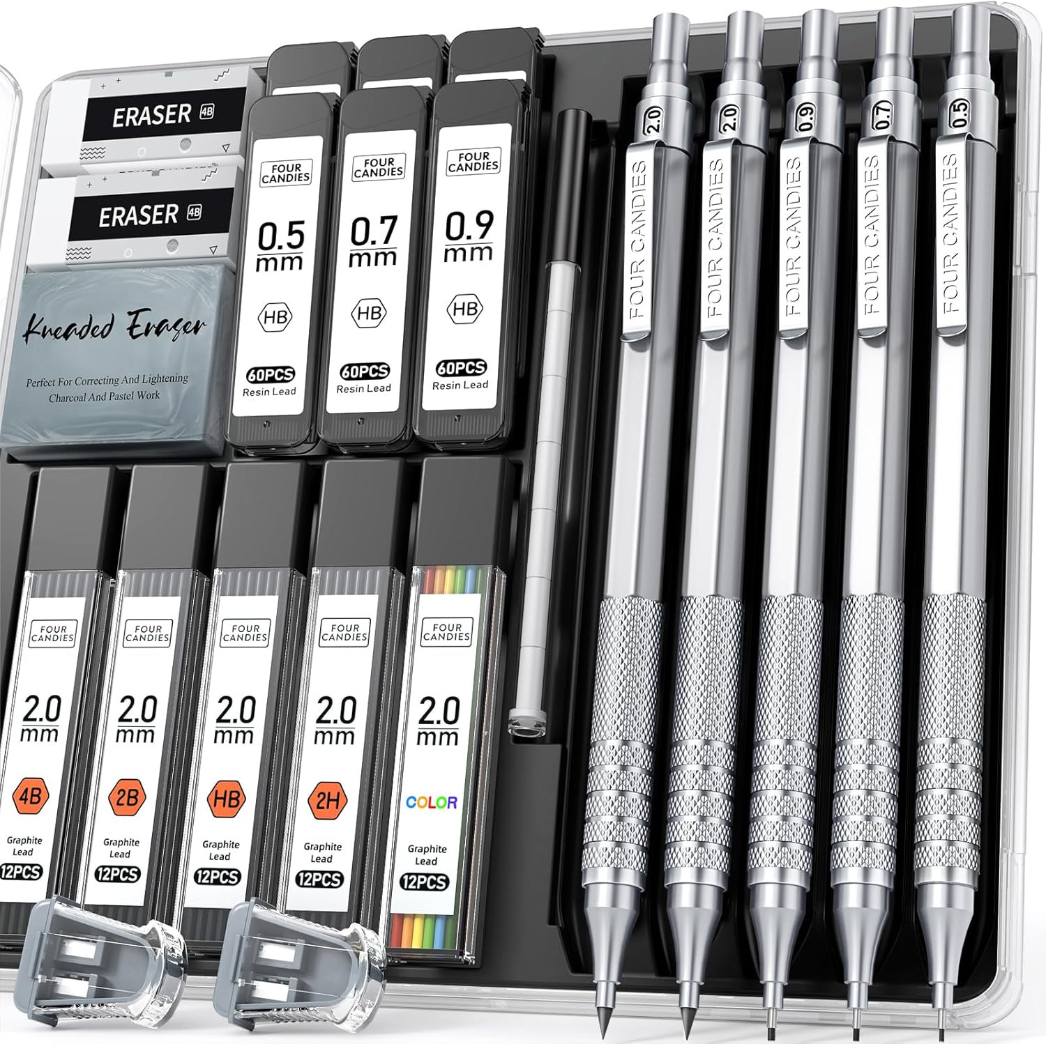 Metal Mechanical Pencil Set, 3PCS Art Drafting Pencils 0.5, 0.7, 0.9MM & 2PCS 2M
