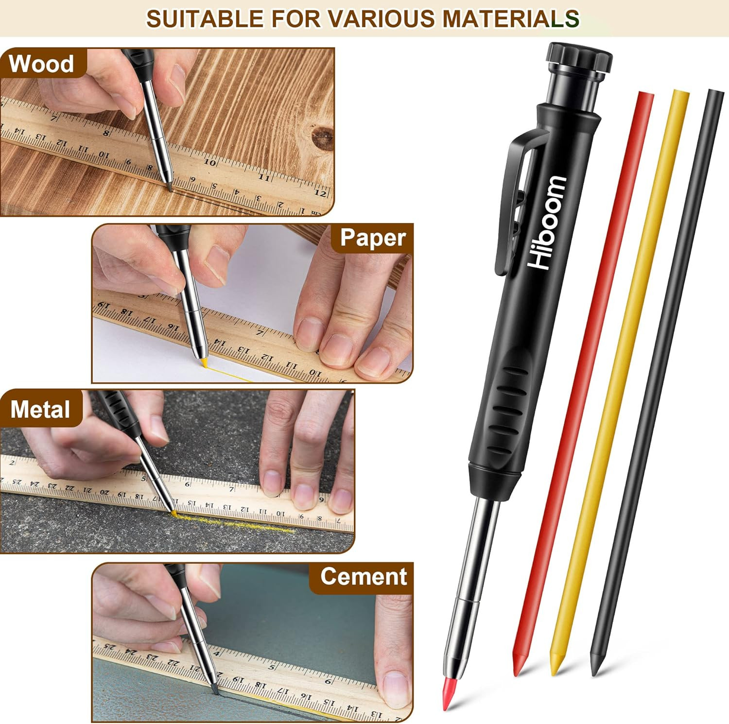 2 Pack Solid Carpenter Pencils with Pencil Cap and 18 Refills, Long Nose Deep Ho