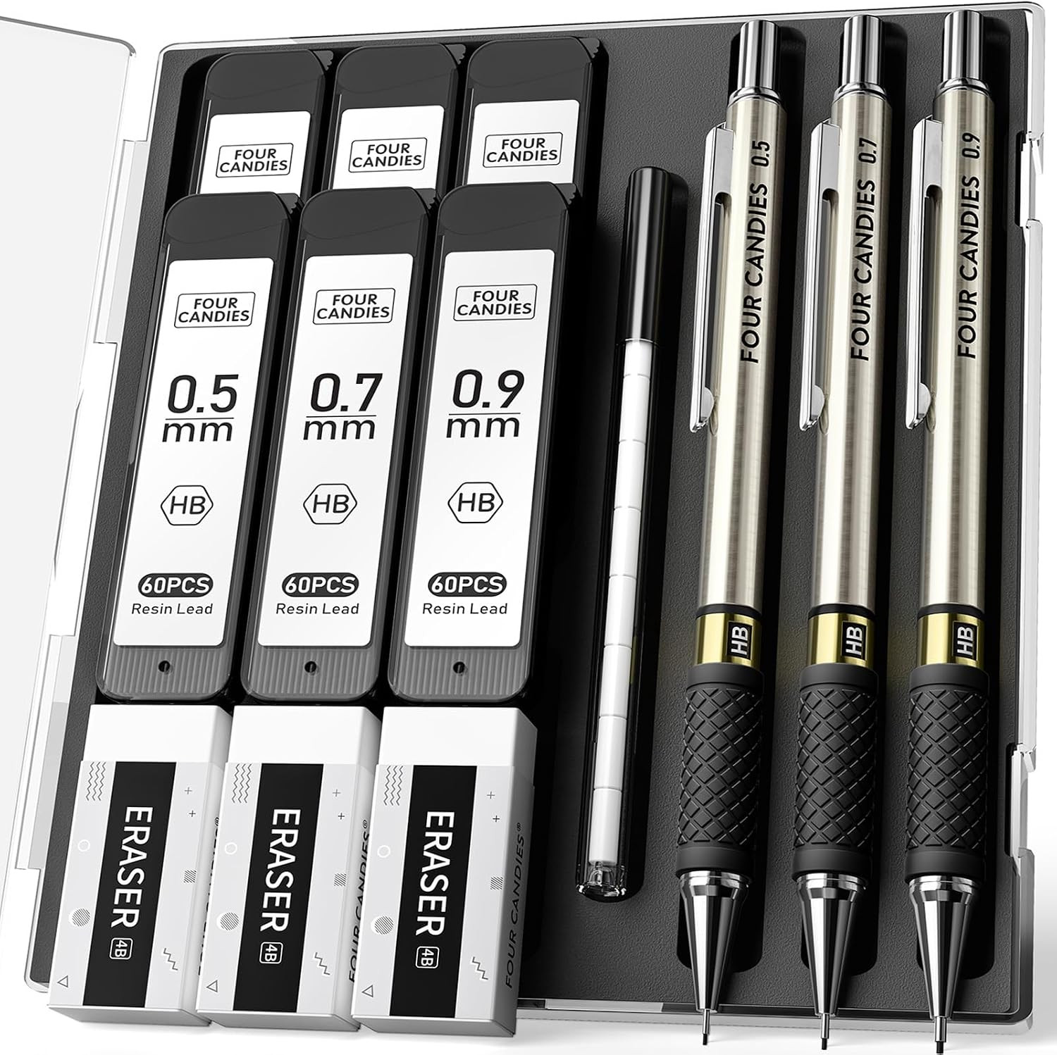 Metal Mechanical Pencil , 0.5/0.7/0.9Mm, 3- with Storage | 360 Leads, 3 Erasers