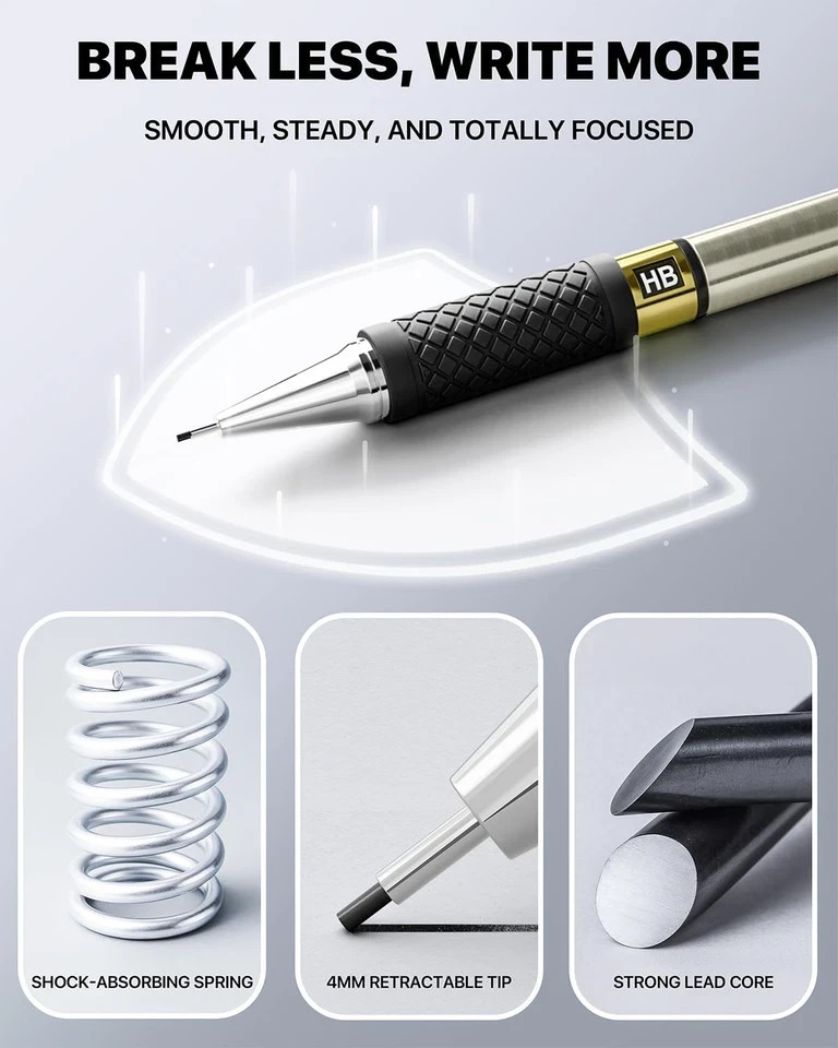 Metal Mechanical Pencil Set – 3PCS 0.9Mm Art Mechanical Pencils & 360PCS HB Lead