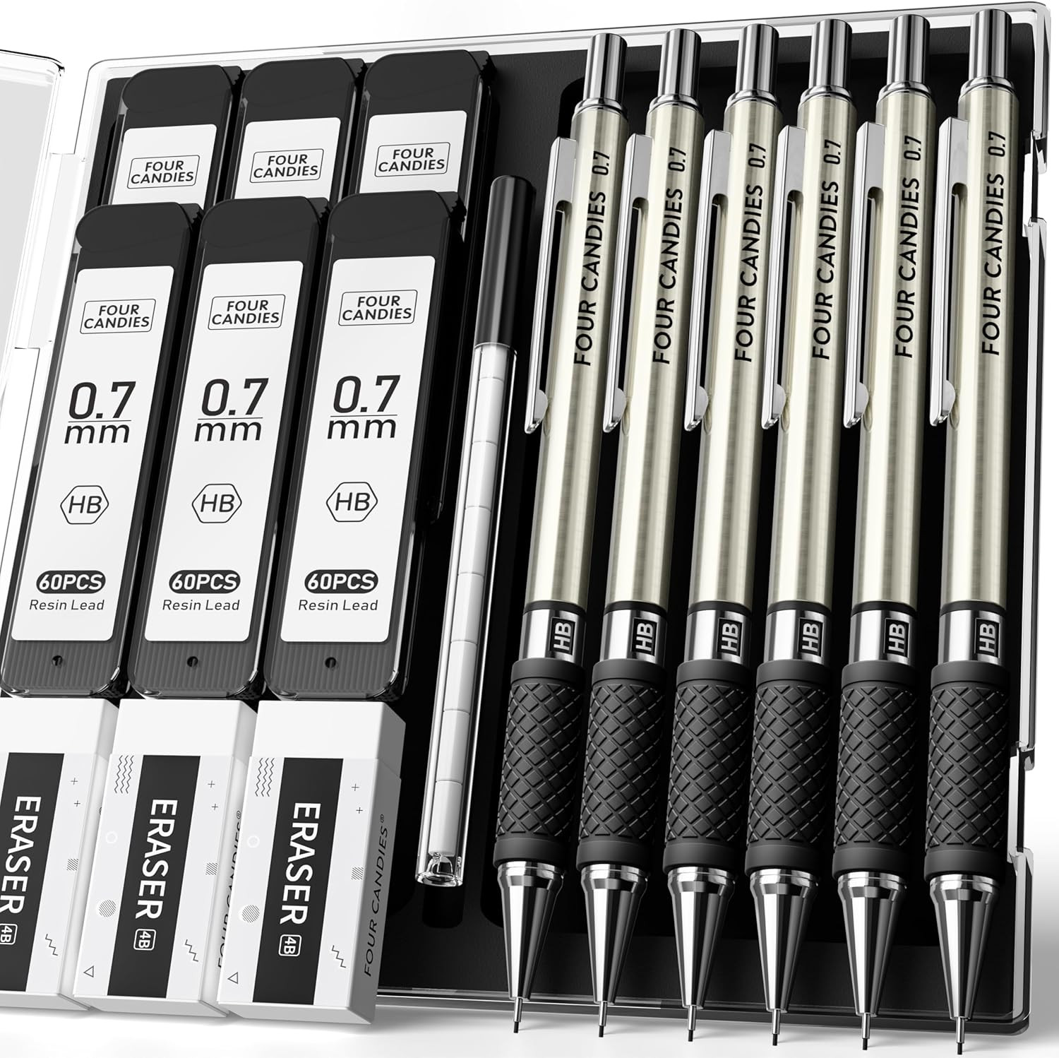 6PCS Metal Mechanical Pencil Set with 0.7Mm Medium Point, 360 Leads, 12 Erasers,