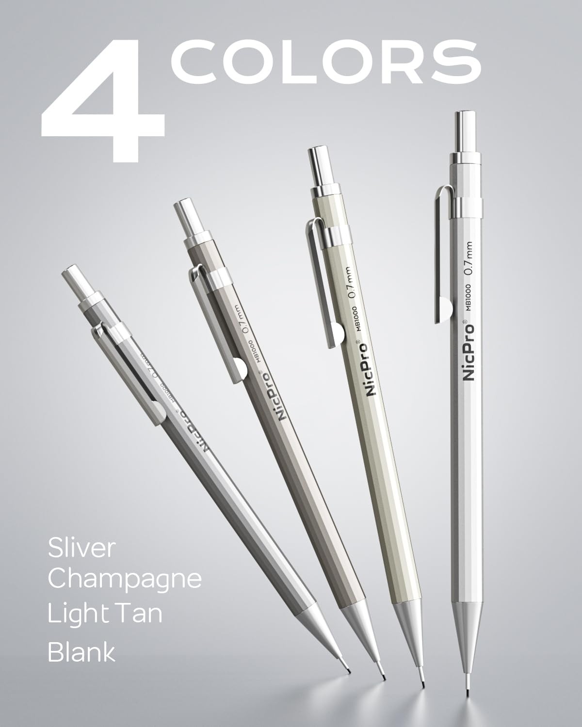 Nicpro 4 Pack Mechanical Pencil 0.7mm with Case, MB1000 Metal 0.7mm, Black