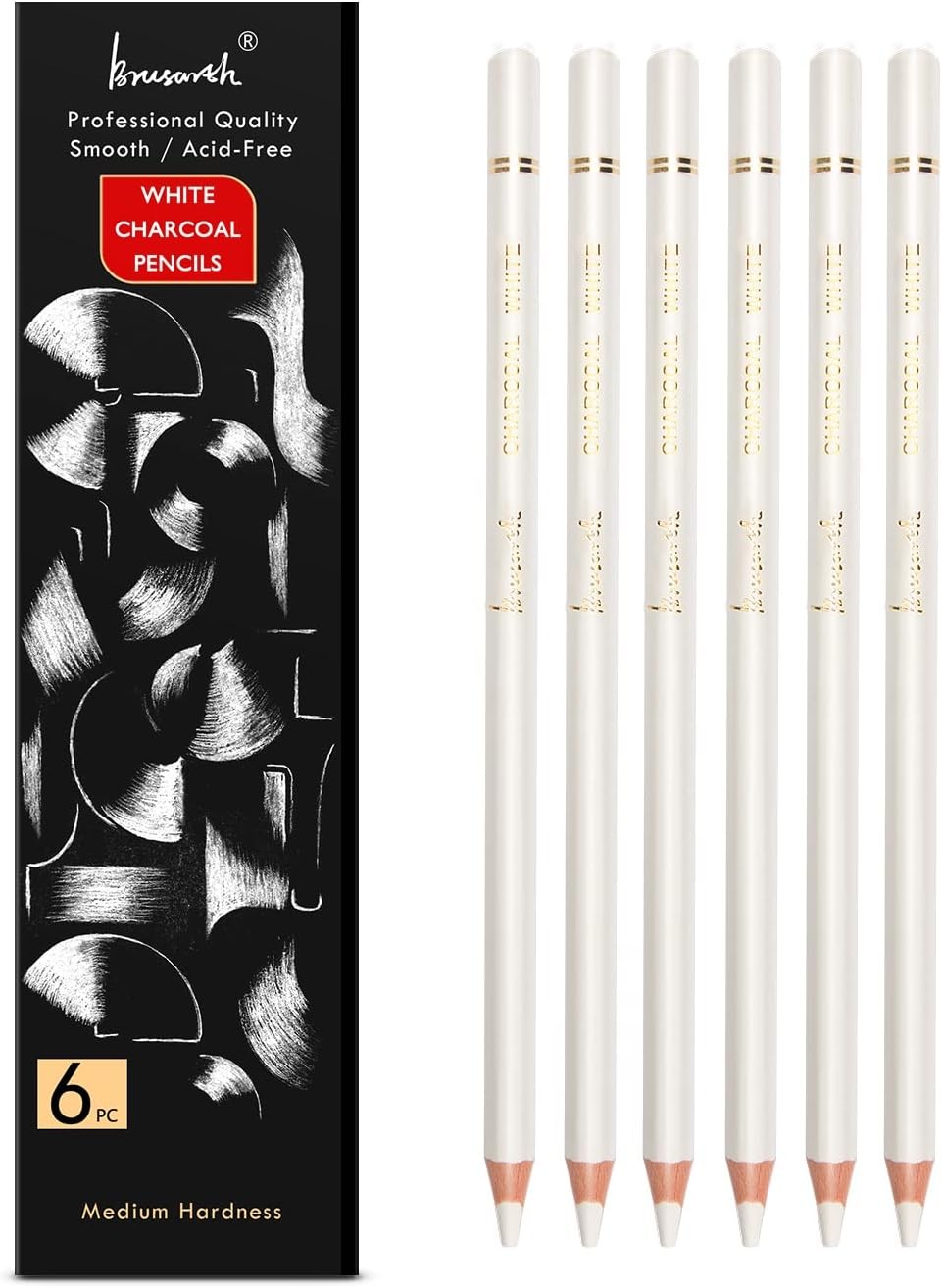 White Charcoal Pencils Drawing Set, Professional 6-Piece Sketch,