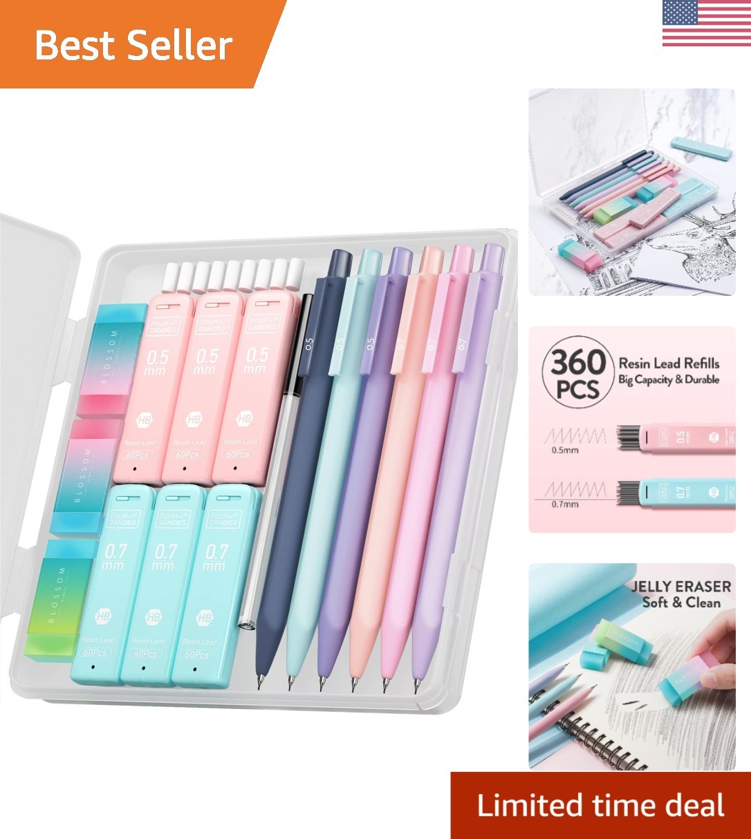 Aesthetic 6PCS Mechanical Pencil Set: 0.5 & 0.7mm with Colorful Storage Case
