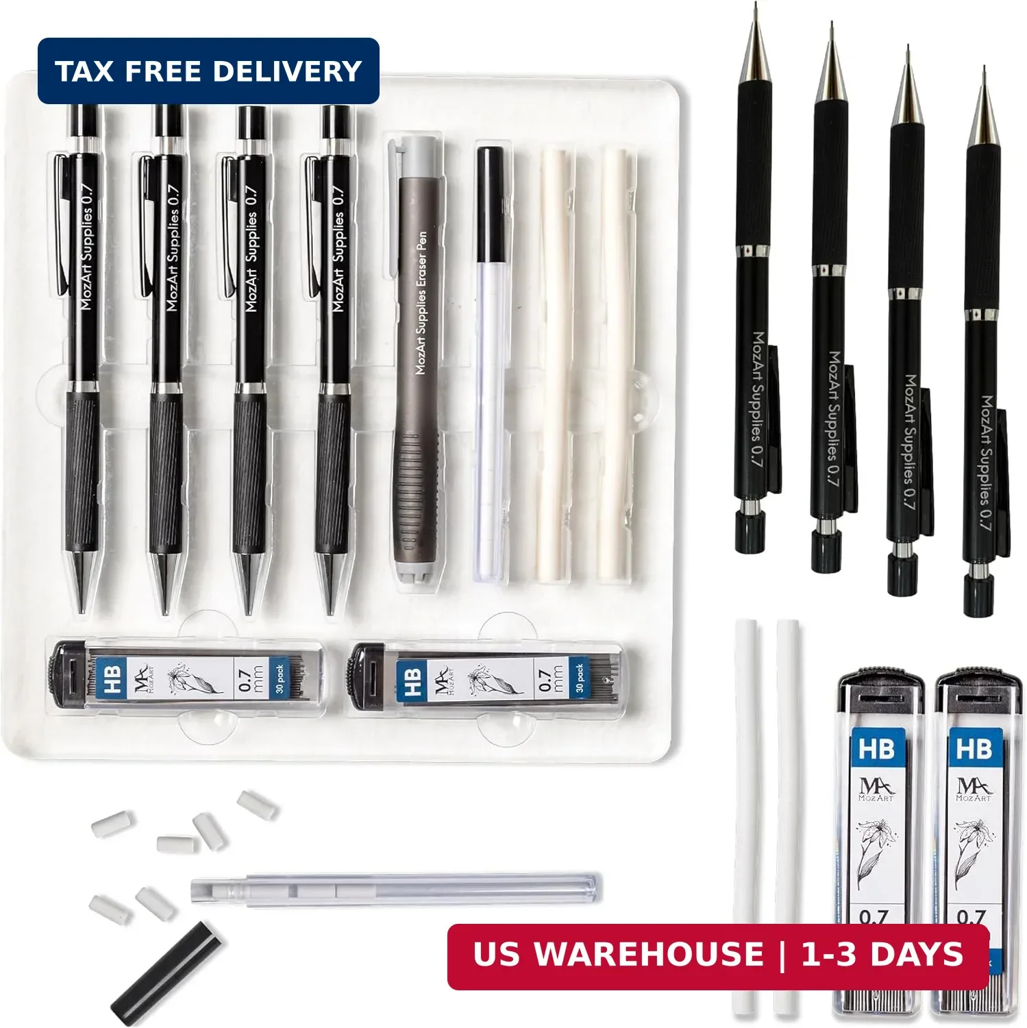 MozArt Mechanical Pencil 0.7mm Set 2×30 HB Lead & Eraser Pen Refills | Metal Mec