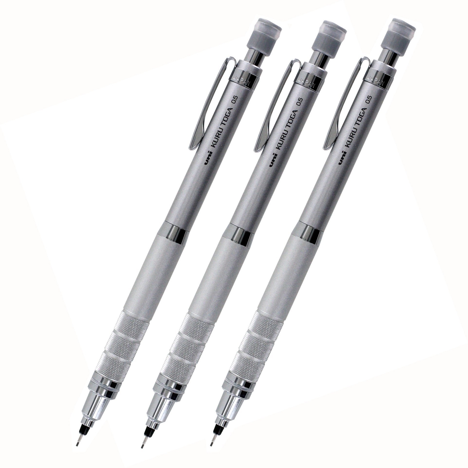 Uni Kuru Toga Roulette 0.5mm Mechanical Pencil Pack of 3 Silver Gun Metallic