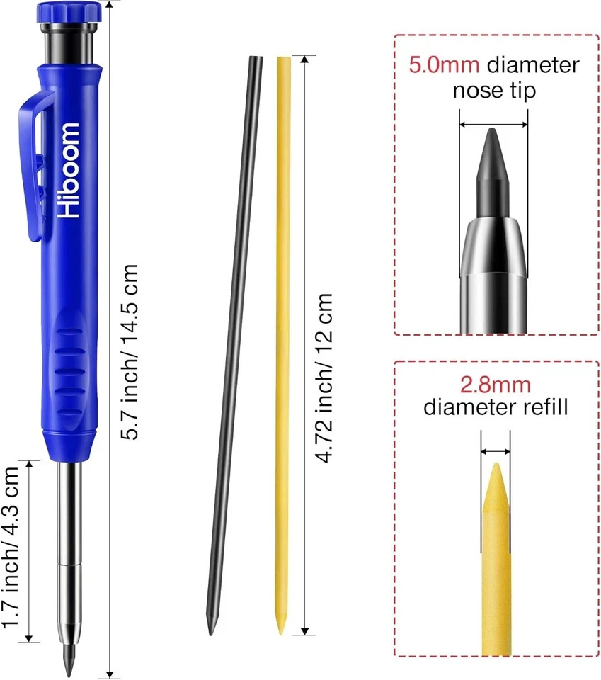 Hiboom 2 Pack Solid Carpenter Pencil with 14 1 Count (Pack of 1), Black, Blue