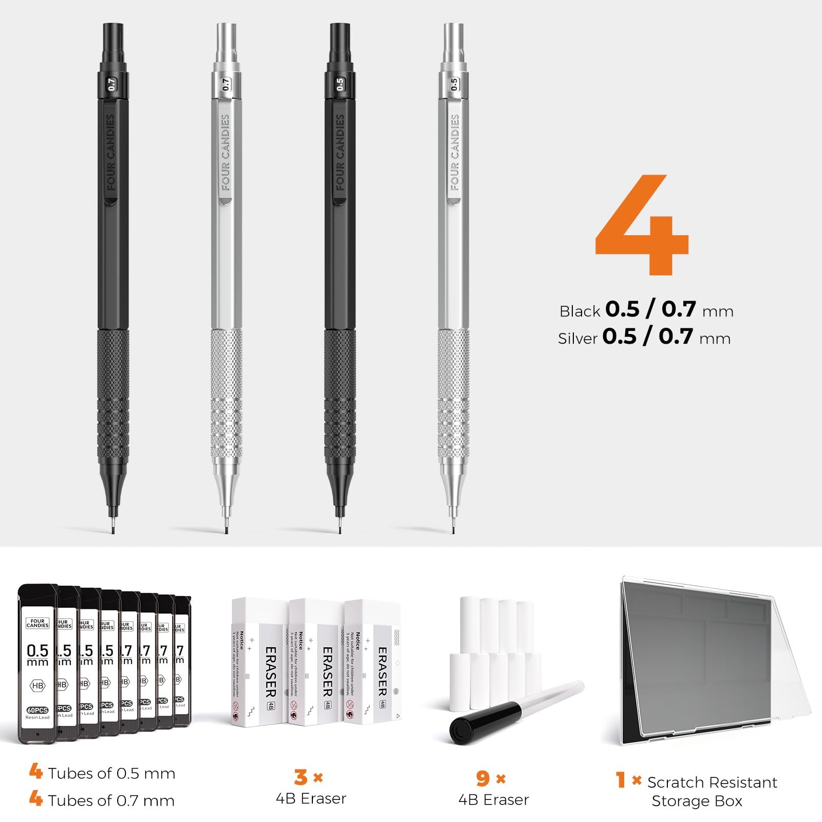 4PCS Metal Mechanical Pencils Set with Case, 0.5mm & 0.7 mm Artist Pencil wit…