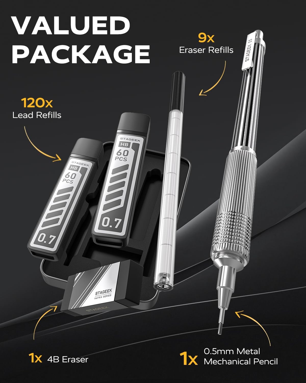STAGEEK 0.5mm Mechanical Pencil with Metal Gift 1 Count (Pack of 1), Silver