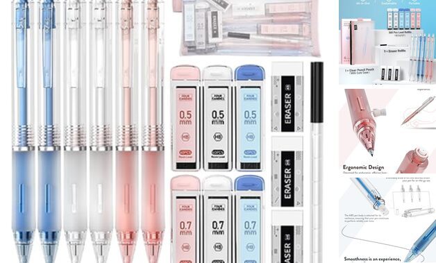 Mechanical Pencil Set with Case, 6PCS Aesthetic Mechanical 0.5mm + 0.7mm