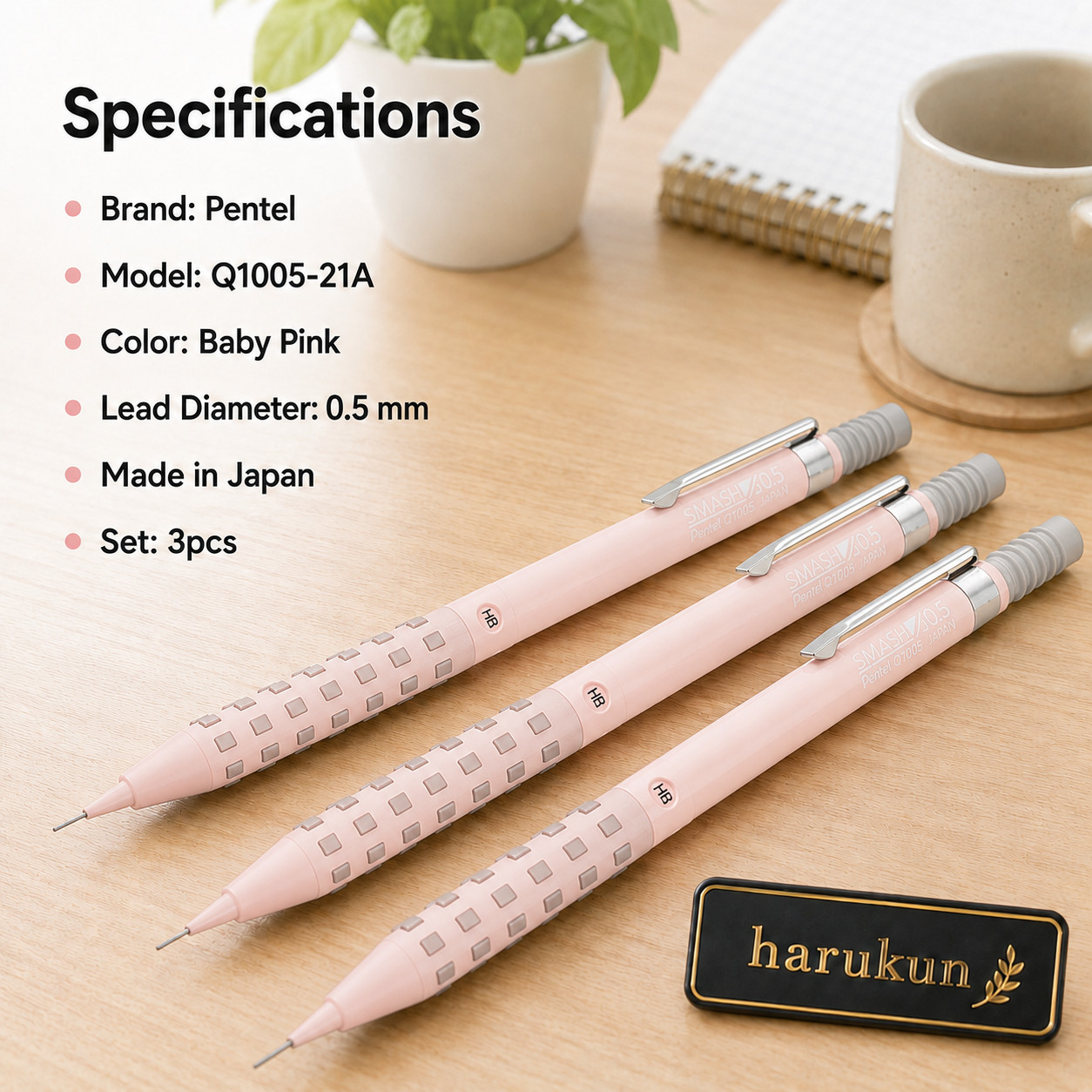 Pentel Smash Q1005-21A Baby Pink 0.5mm Mechanical Pencil 3pcs Set