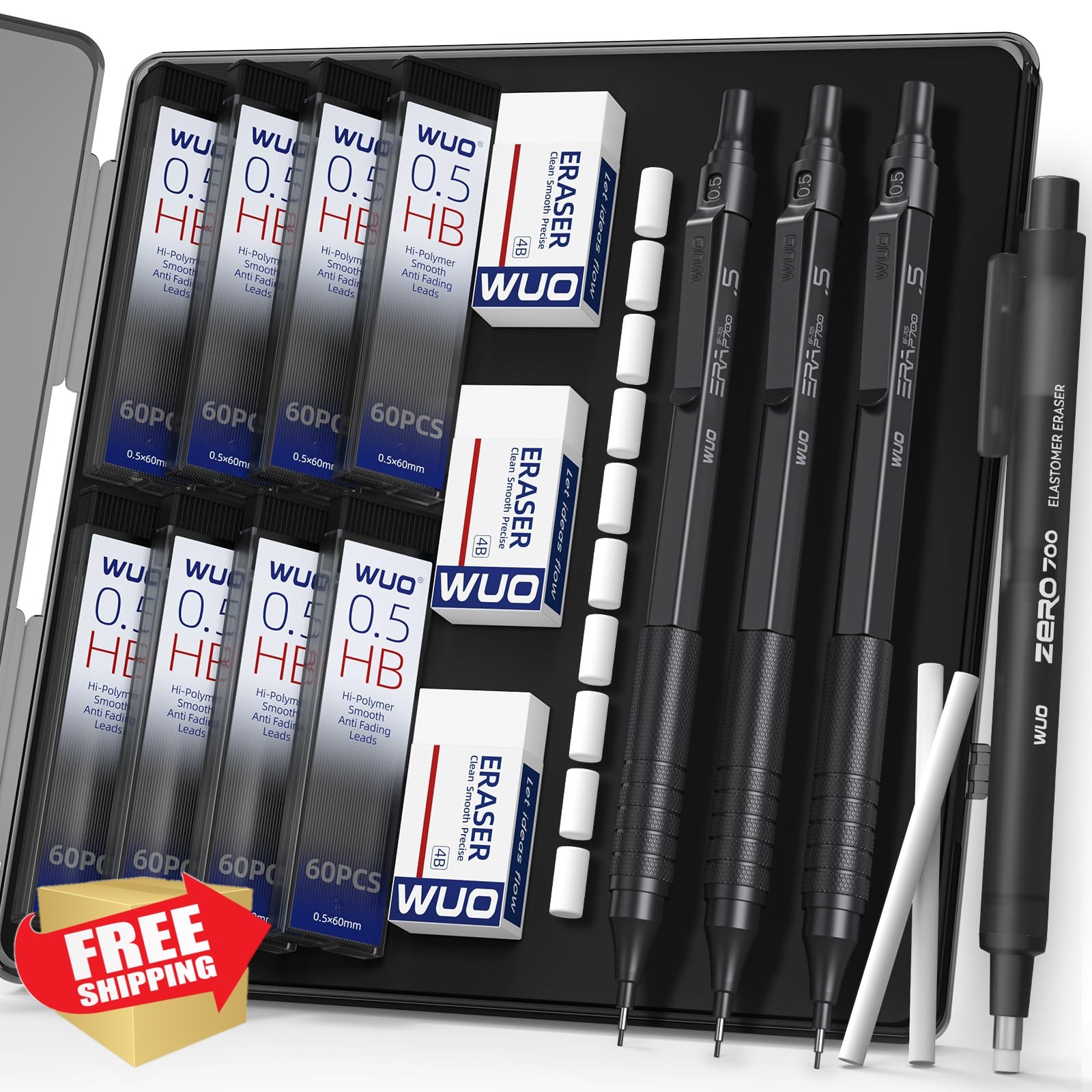 WUO 0.5mm Black Mechanical Pencil Set HB Lead Refills