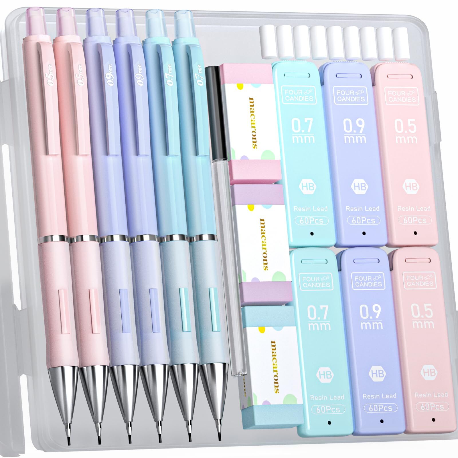6 Pack 0.5/0.7/0.9mm Mechanical Pencil Set w/ Lead Refills & Erasers for Drawing