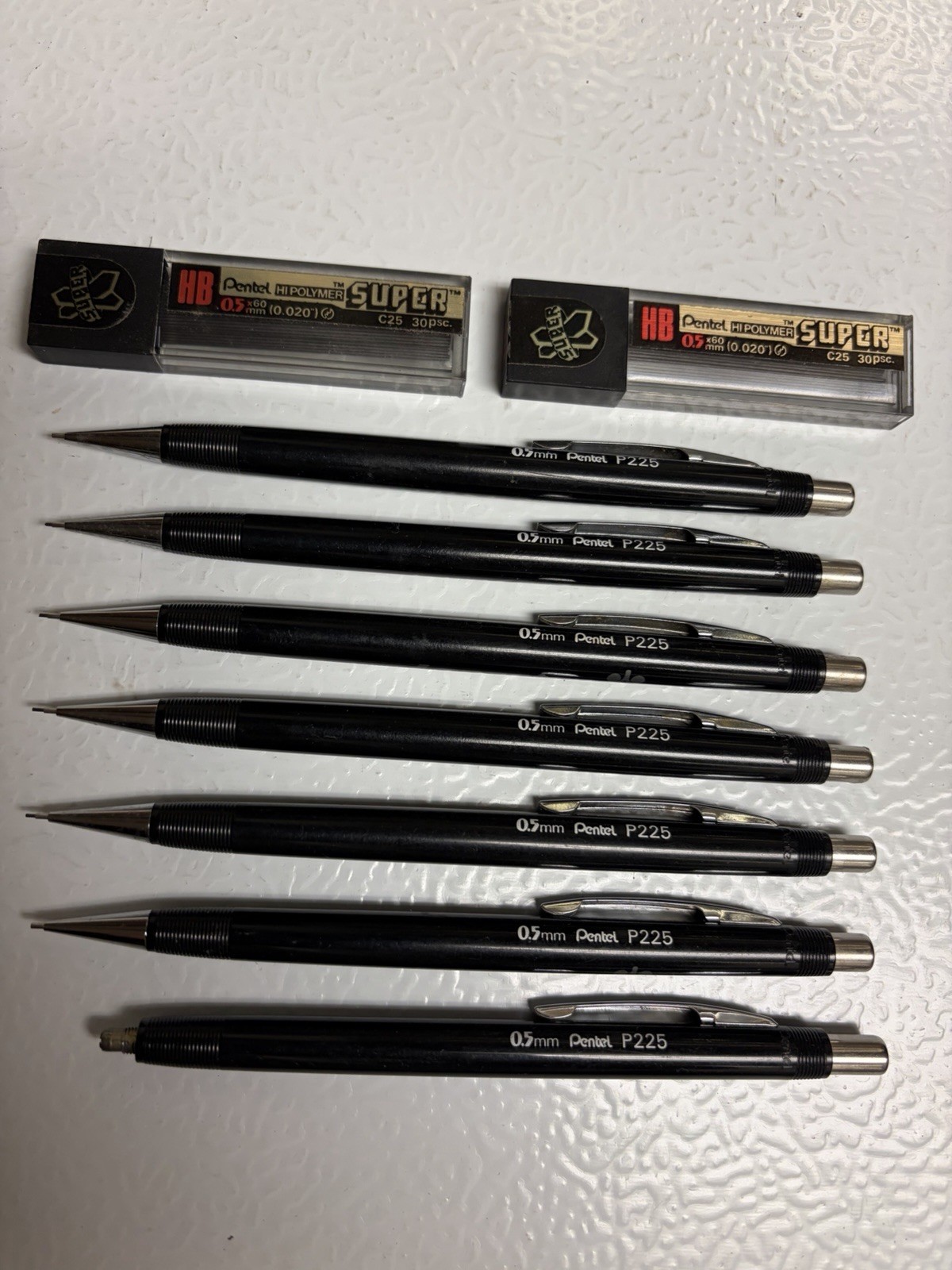 7 Vintage Black Pentel P225 Mechanical Pencils 0.5mm w/Refills Made in Japan
