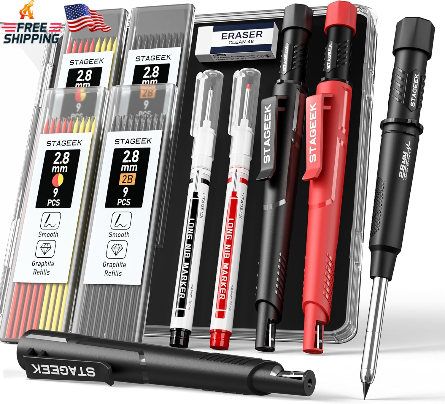 2 Pack Carpenter Pencils with Sharpener, Mechanical Carpenter Pencils with 38 Re