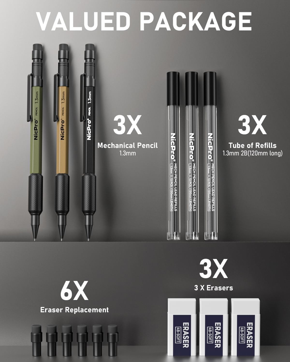 Nicpro 3 PCS 1.3 mm Mechanical Pencil Set 3 1 Count (Pack of 3), Multicolor