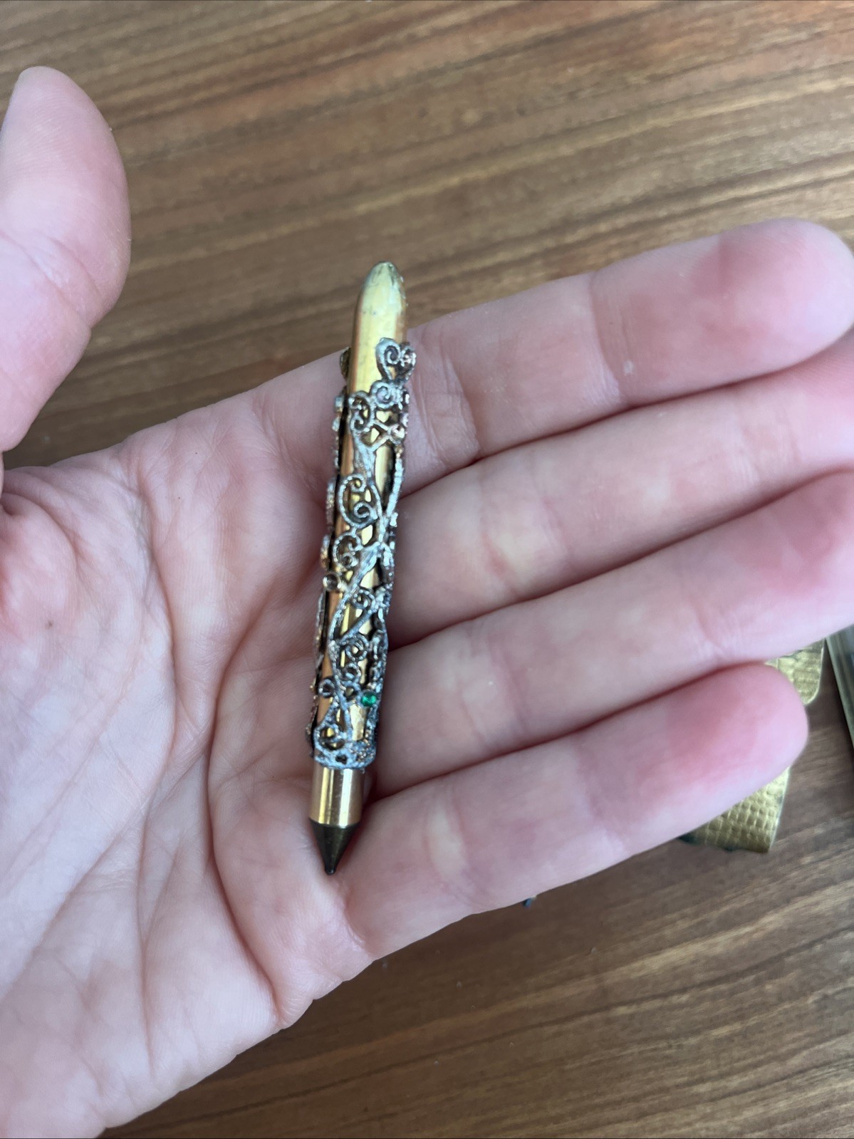 Vintage Ornate Gold Tone Mini Mechanical Pencil & Pen Set w/Gem Accents 1960s