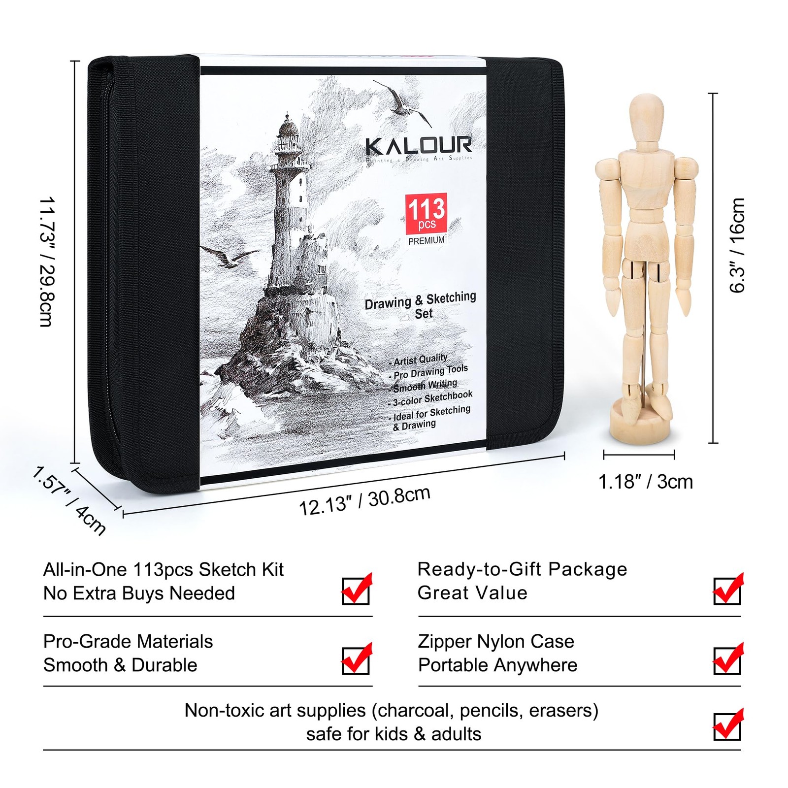 KALOUR 113PCS Drawing Set, Professional 113 Count (Pack of 1), Black