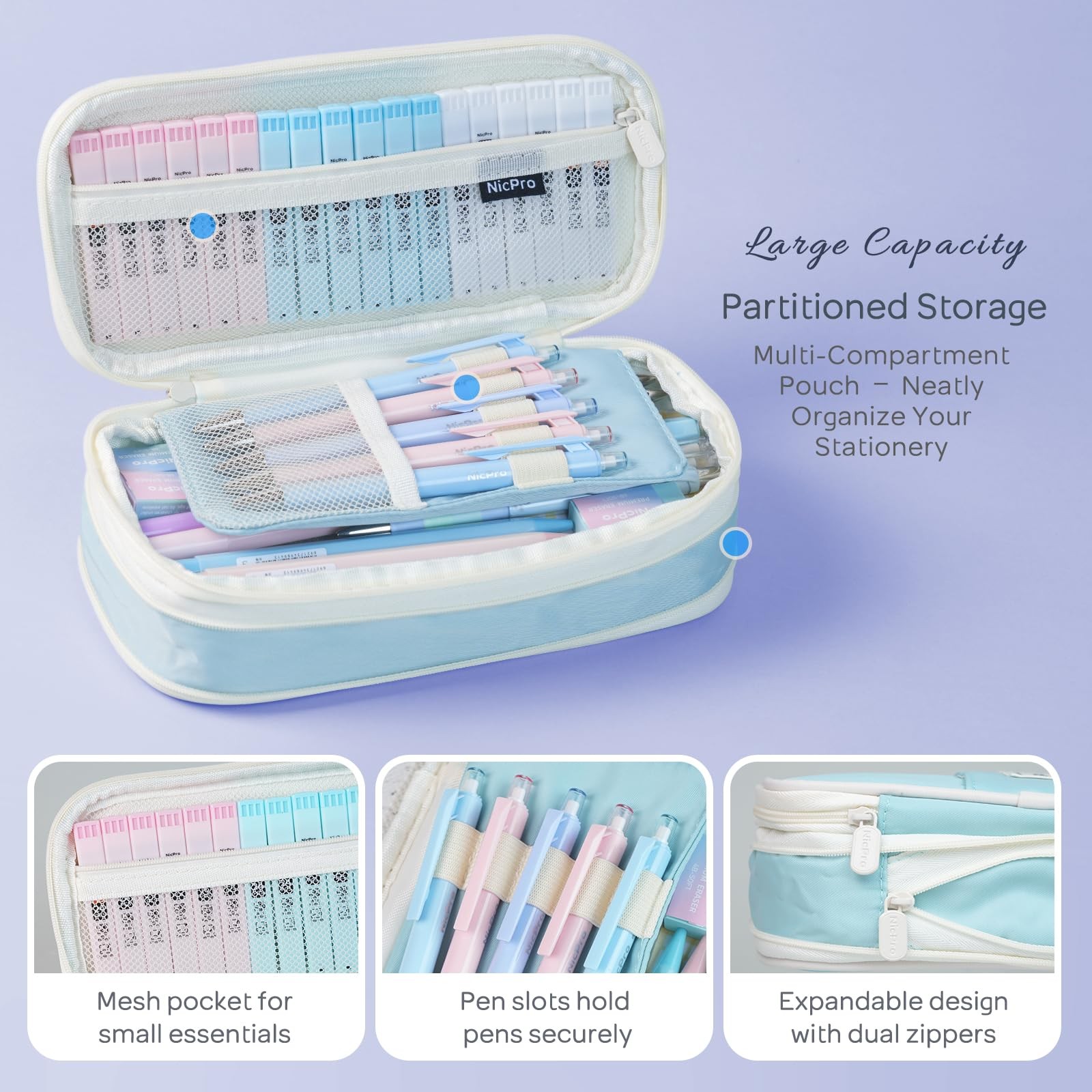 Nicpro 45PCS Aesthetic School Supplies with Pencil Case, Pastel 45 PCS, Blue