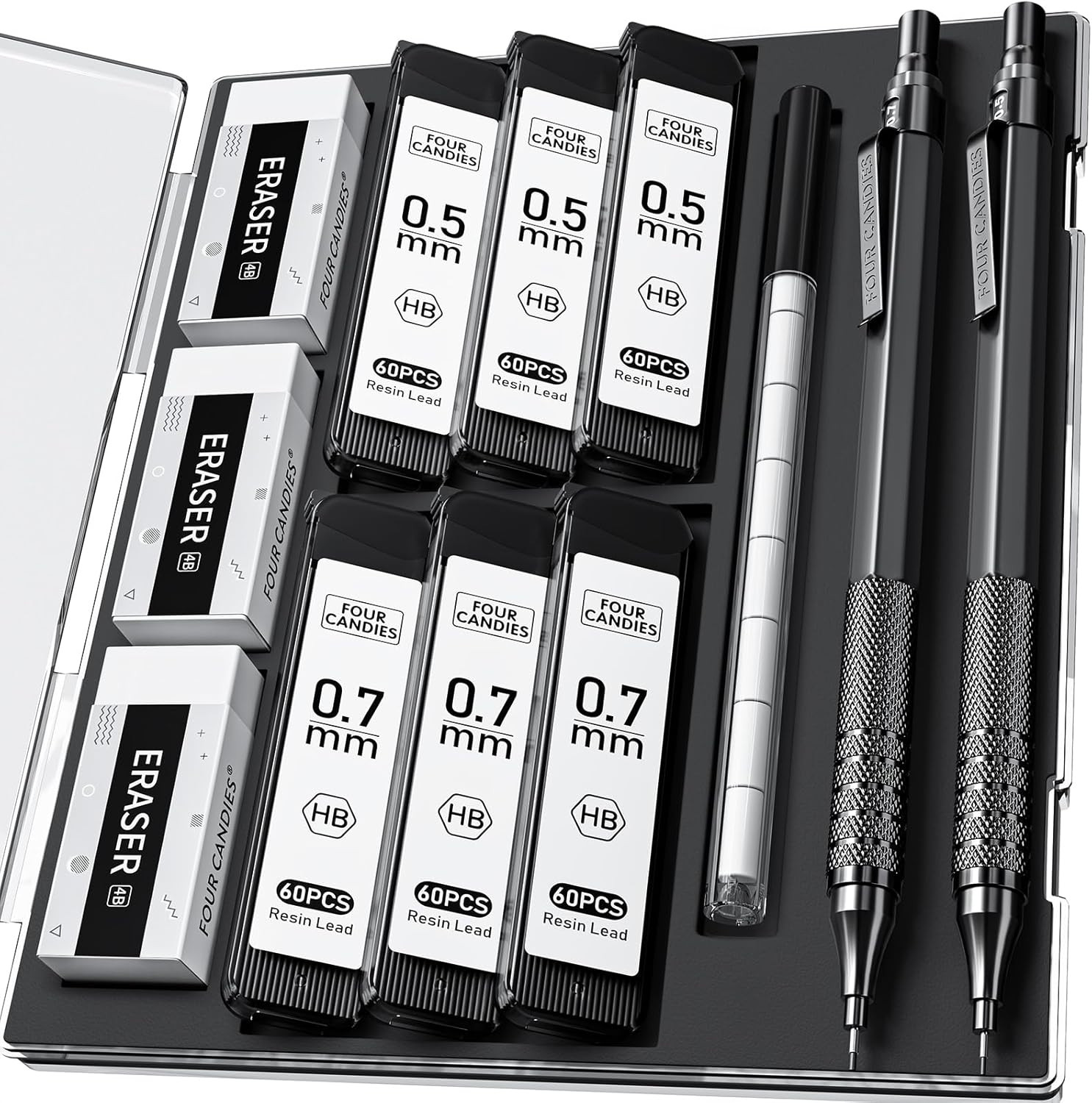 2PCS Metal Mechanical Pencils Set with Case, 0.5mm & 0.7 mm Artist Pencil with 6