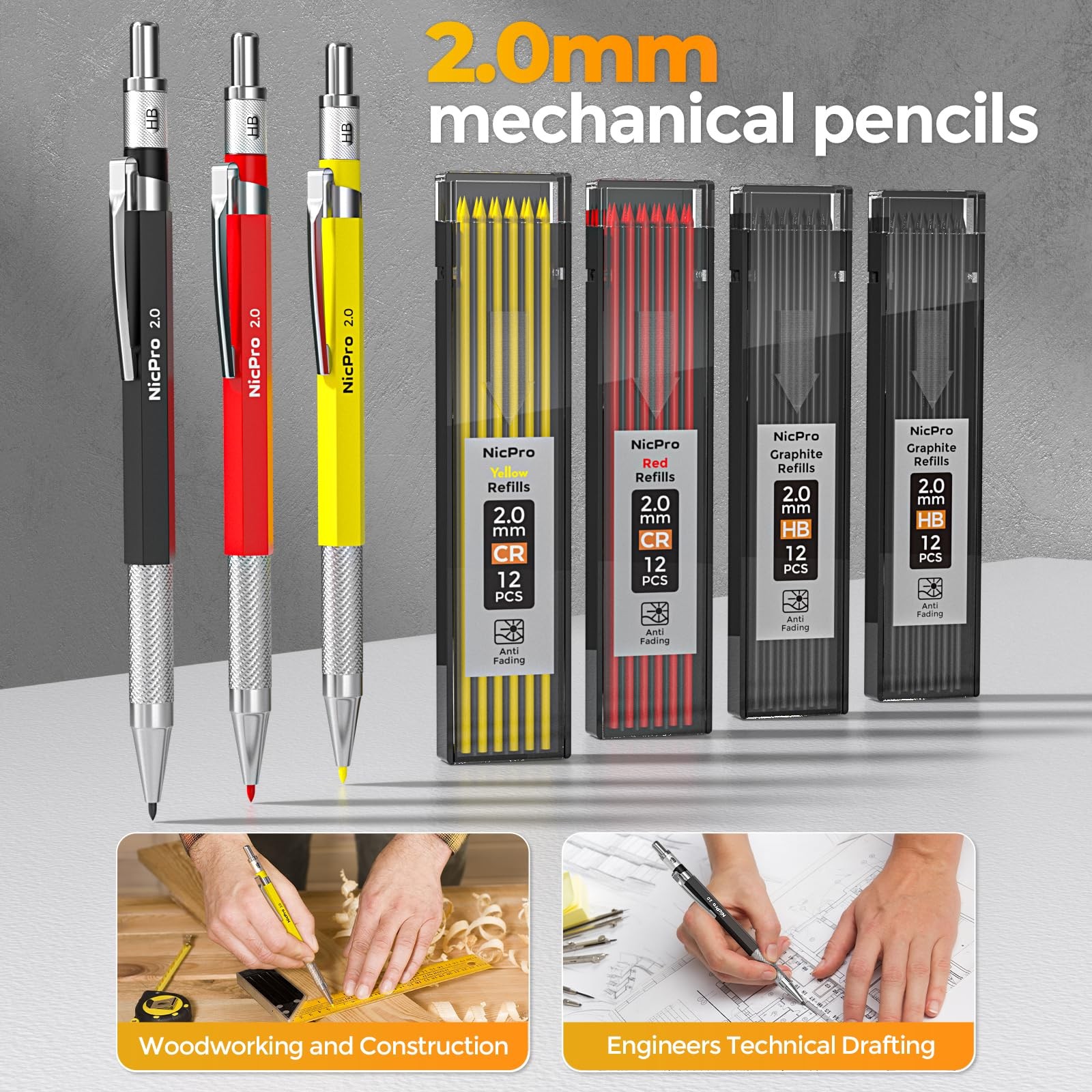 Nicpro 39 Pack Carpenter Pencils with Sharpener, Mechanical Black,Red,Yellow