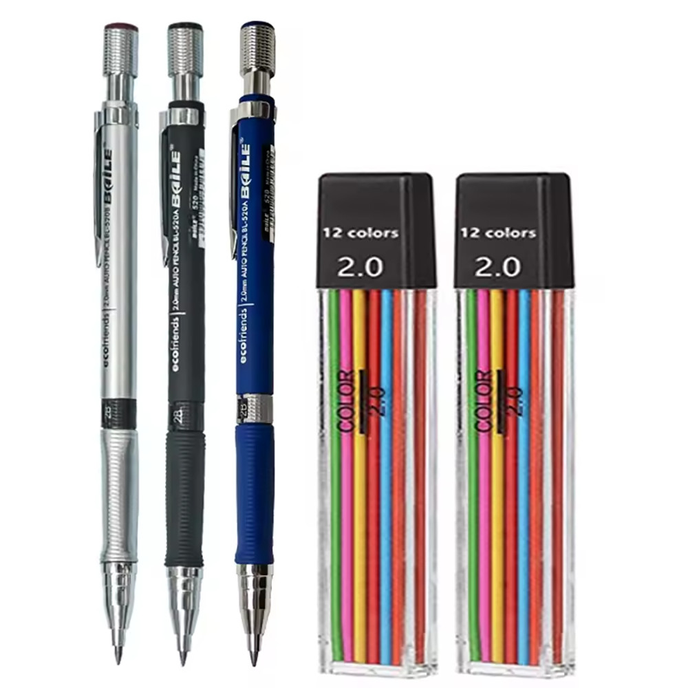 Three 2.0mm Lead Holder Mechanical Pencils & 24 color refills, Sharpener in Cap