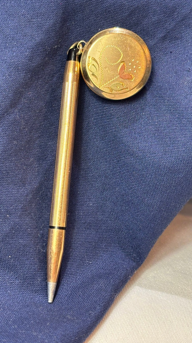 Vtg Cross Mini 10kt GF Pencil On Ballou & Bass Retractable Chain Brooch