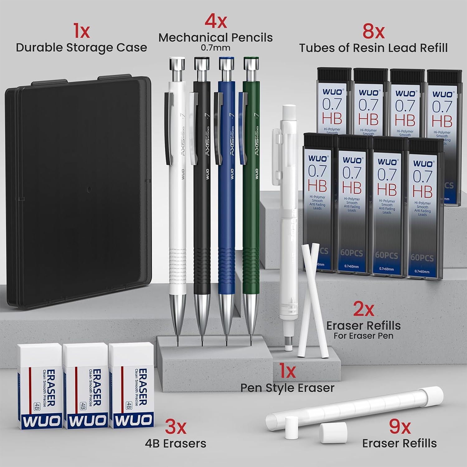 0.7Mm Mechanical Pencil Set with Case, 4PCS Metal Mechanical Pencils with Eraser