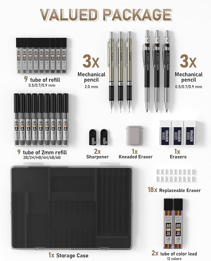 35PCS Art Mechanical Pencils Set, 3 PCS Metal Drafting Pencil 0.5 mm & 0.7 mm &
