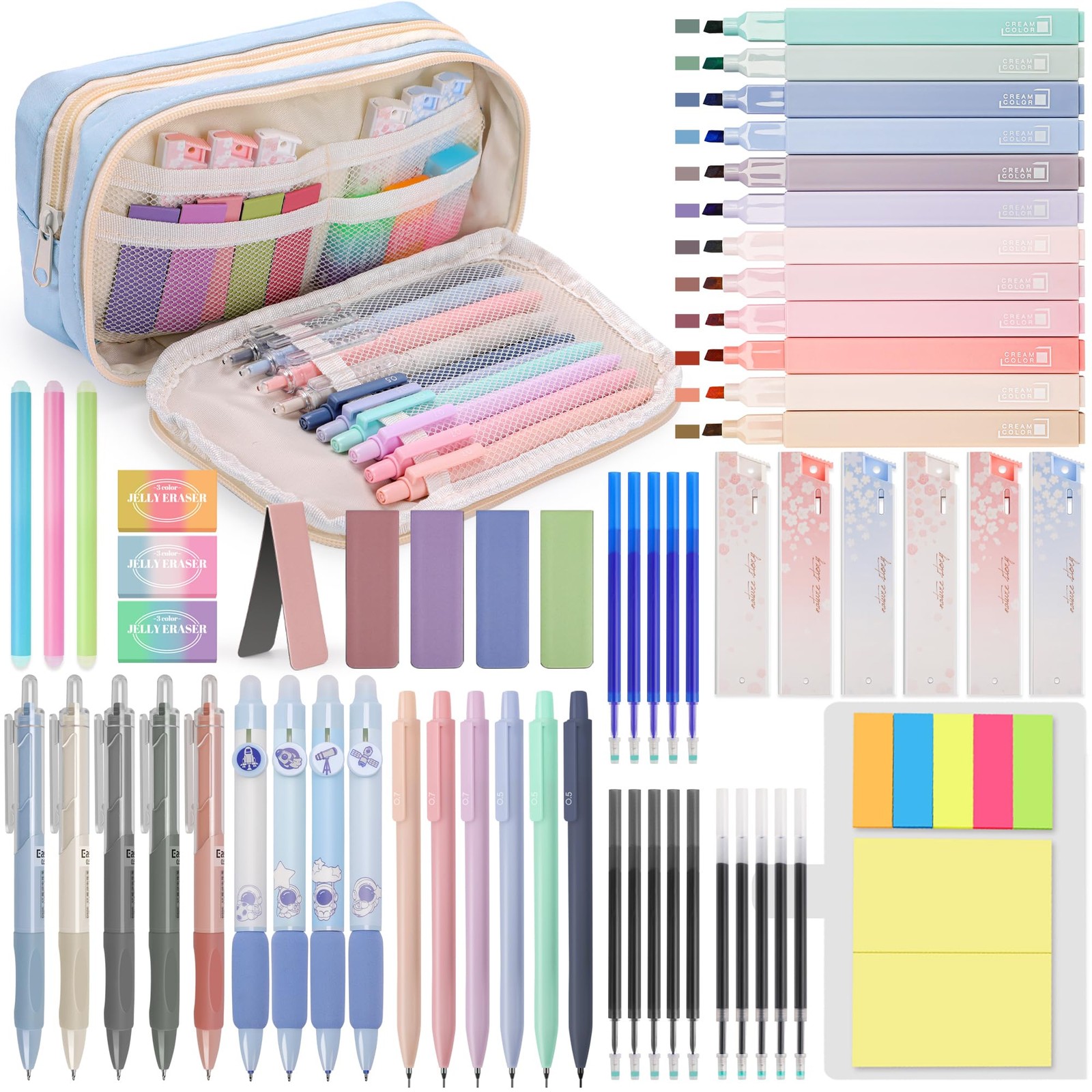 61 PCS Aesthetic School Supplies Set with Cute Pencil Case, Pastel No Bleed H…