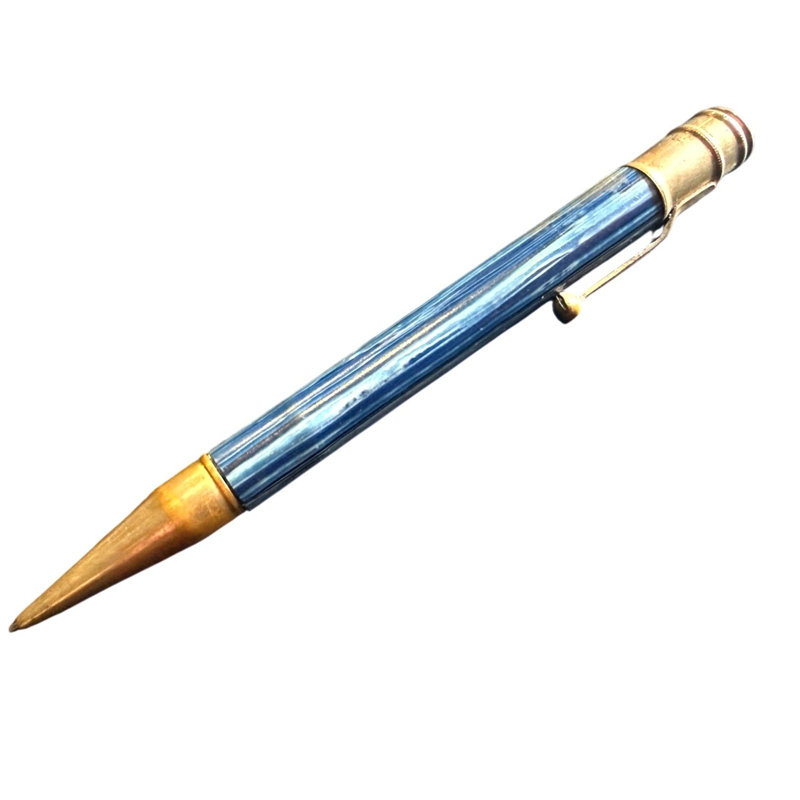 Vintage MCM Mechanical Pencil 14K GF Clip Gold Plated Blue Marbled Celluloid