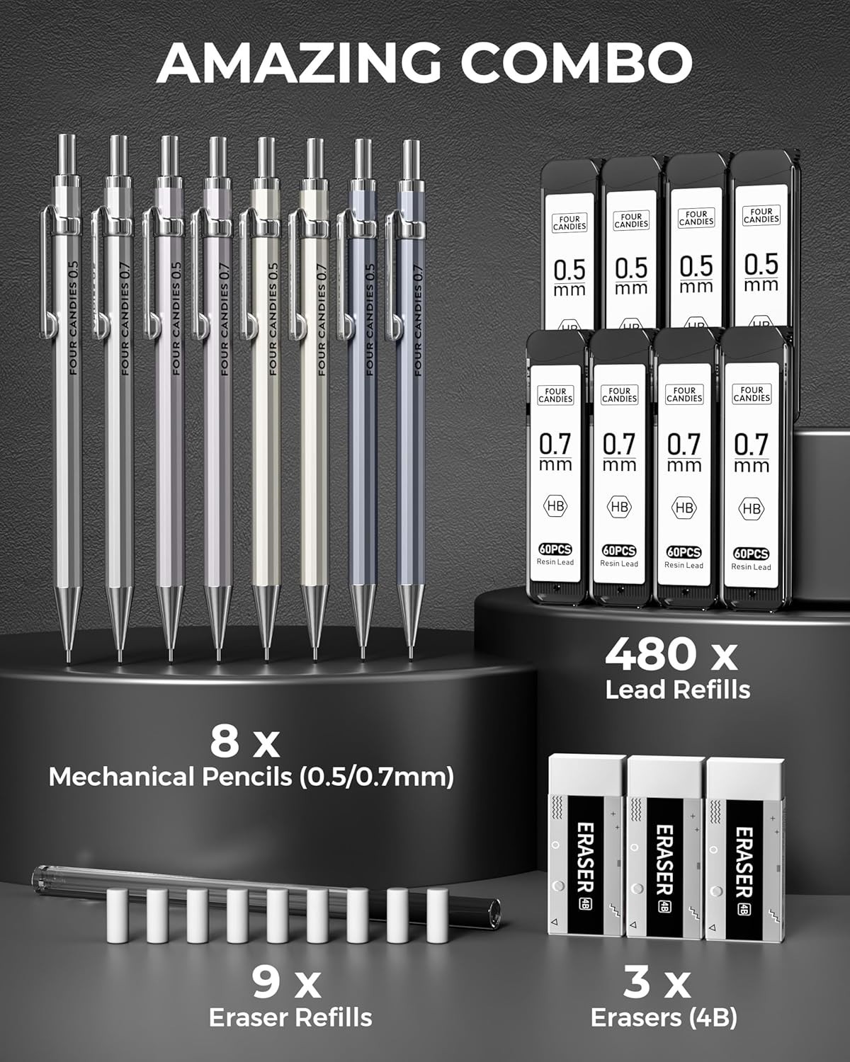 8PCS Metal Mechanical Pencils – 0.5 & 0.7mm with 8 Tubes HB Lead Refills, Era…