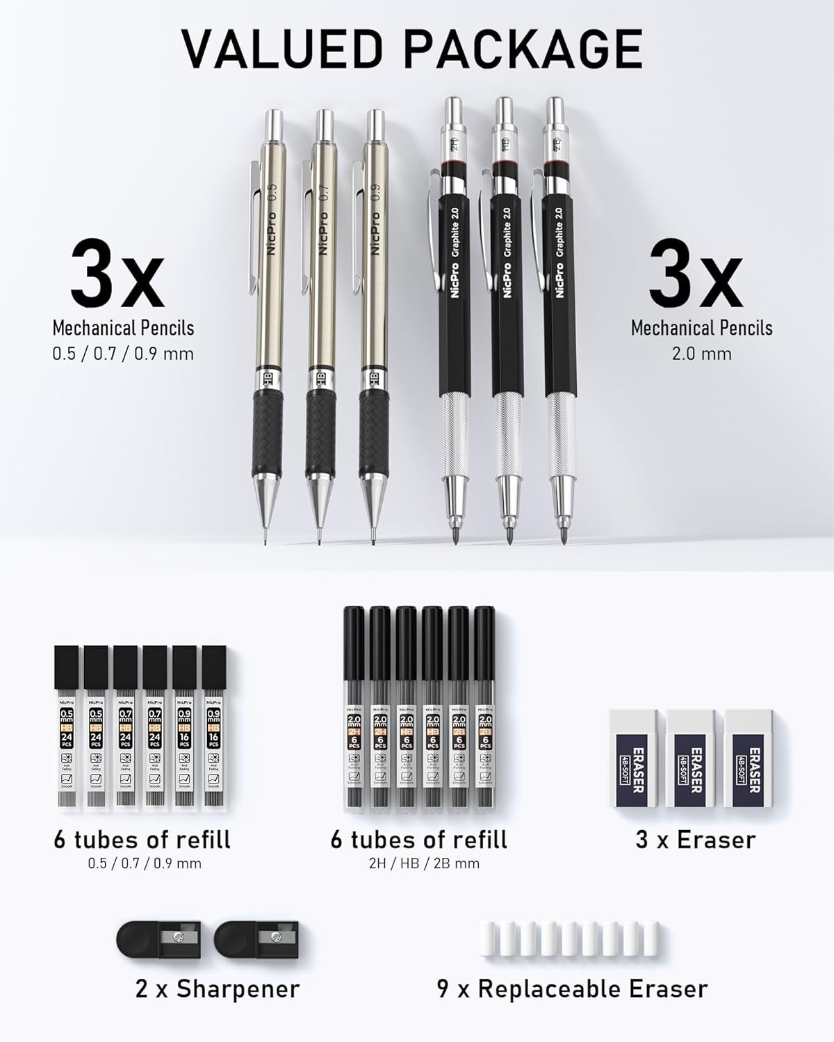 Ergonomic 6PCS Drafting Pencil Set with 4 Lead Sizes for Artists and Engineers