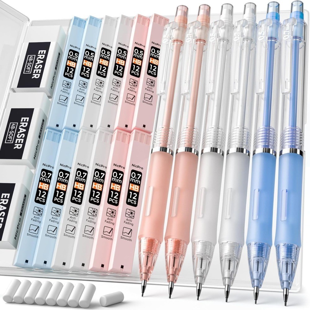 23PCS Pastel Mechanical Pencil 0.5 & 0.7 mm with Case for School, with 12 tubes