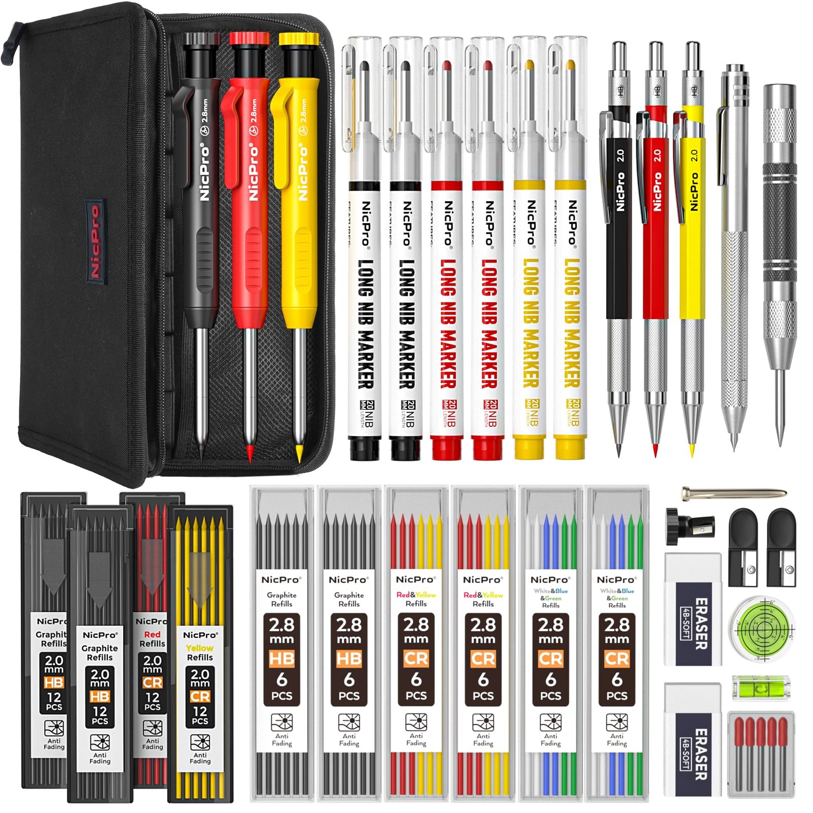 Nicpro 39 Pack Carpenter Pencils with Sharpener, Mechanical Black,Red,Yellow