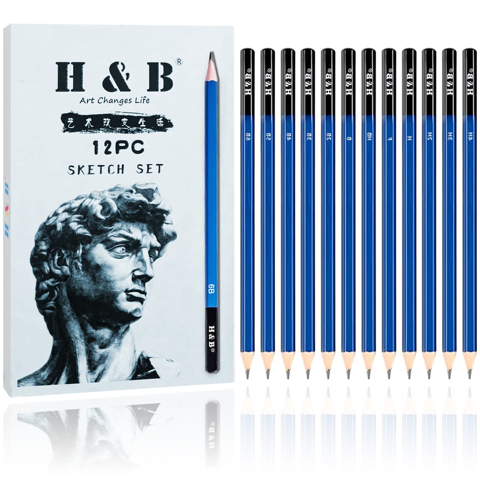 H & B 12 PCS Pencil Drawing Kit, H-4H, F, HB, 12 Count (Pack of 1), Graphite