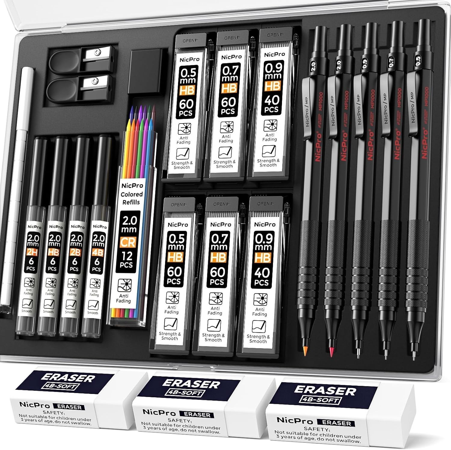 22PCS Metal Mechanical Pencil Set with 0.5-2.0mm Leads for Artists and Sketching